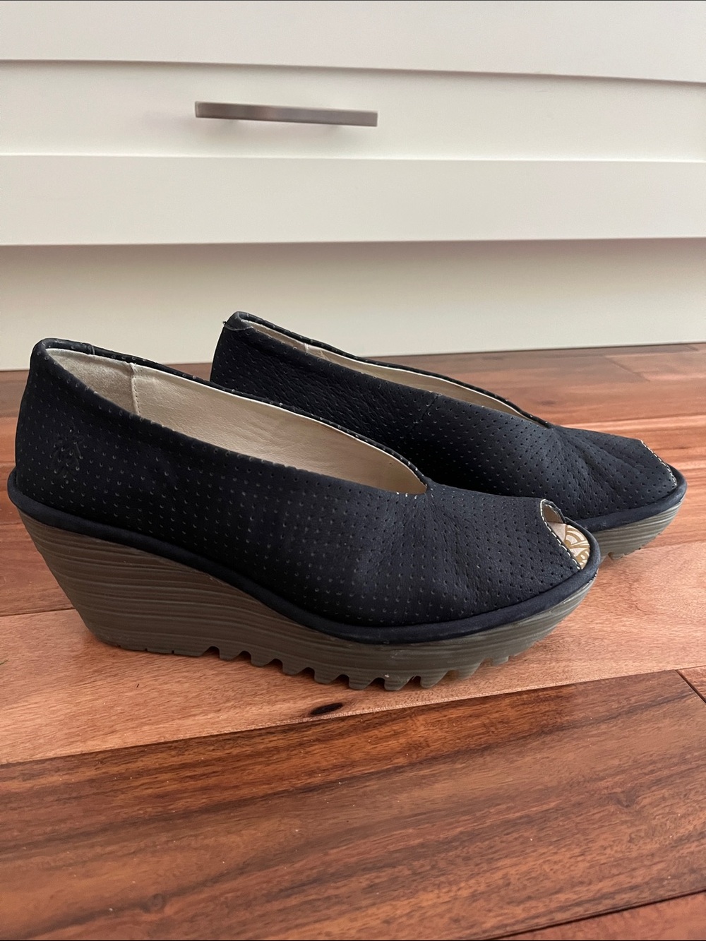 Fly London Navy Peep-Toe Wedge Heels - Picture 2 of 4